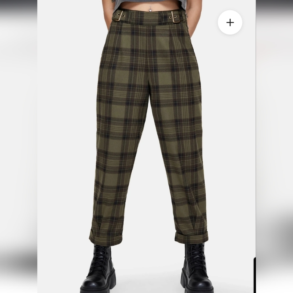 Disturbia Cecily  Olive and Black Plaid Trousers